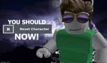 a roblox character wearing sunglasses and a green shirt is standing in front of a lightning bolt .