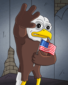 a cartoon eagle is holding an american flag