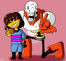 a cartoon drawing of a girl and a skeleton giving a peace sign