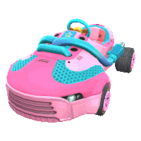 a pink car with a blue steering wheel has a star on it