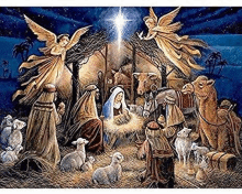 a painting of a nativity scene with jesus , mary , joseph , sheep , camels and angels .