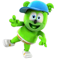 a green gummy bear wearing a blue hat and underwear giving a thumbs up