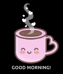 a pink cup of coffee with steam coming out of it and the words good morning below it