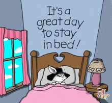 a cartoon of a husky sleeping in a bed with the words it 's a great day to stay in bed