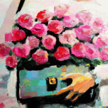 a painting of a person holding a purse filled with pink roses