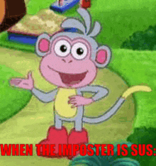 a cartoon monkey is standing on a path in a park and says `` when the imposter is sus '' .