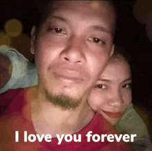 a man and woman are posing for a picture with the words " i love you forever " above them