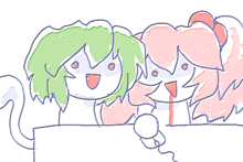 a drawing of a girl with green hair and a pink haired girl