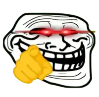 a troll face with red eyes and a yellow hand pointing at the camera