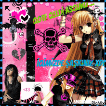a girl with a skull and crossbones on a pink background