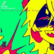 a colorful drawing of a monster with the words `` would you be my prom king '' on it .