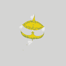 a drawing of a yellow kite with white feathers on a gray background