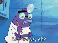 a cartoon character holding a pencil with the words boo-bos, eh written below him