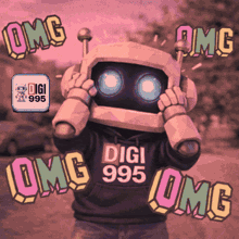 a robot wearing a hoodie that says digi 995 omg