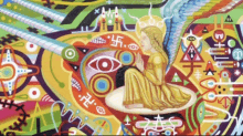 a painting of a woman in a yellow dress surrounded by symbols including a svastika