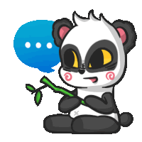 a cartoon panda bear holding a bamboo branch with a blue speech bubble above it