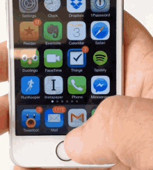 a hand is holding a smart phone with the home screen showing apps such as dropbox and safari