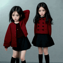 two little girls standing next to each other wearing matching outfits