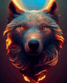 a colorful painting of a wolf 's head with fire coming out of its mouth