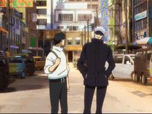 two anime characters are standing on a street in front of a building that says r.k.f.