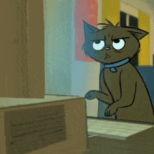 a cartoon cat with a blue collar is looking at a computer monitor