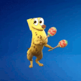 a cartoon banana is holding a pair of maracas on its hind legs .