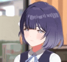 a girl with short purple hair and blue eyes is wearing a vest and a white shirt .