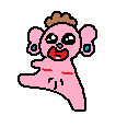 a pixel art drawing of a pink monkey with a crown on its head and ears .
