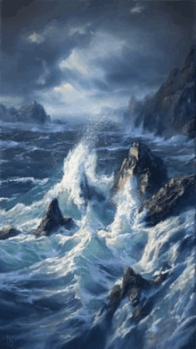 a painting of a stormy ocean with waves crashing against the rocks