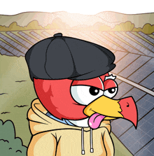 a cartoon bird wearing a hat and a hoodie