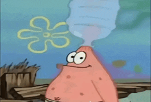 patrick star from spongebob squarepants with a bottle of water coming out of his mouth .