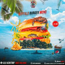 a buffalo joe burger menu with a crab on top