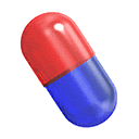 a red and blue capsule with a white center on a white background .