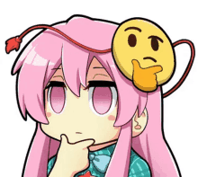 a pink haired anime girl with a yellow smiley face on her head .