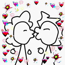 a drawing of two stick figures kissing with hearts surrounding them