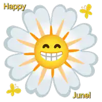 a happy june greeting with a smiling sun and butterflies