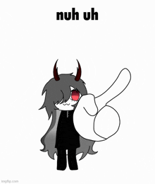 a drawing of a girl with horns pointing up with the words nuh uh above her