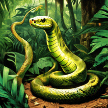 a green snake is surrounded by green plants and trees