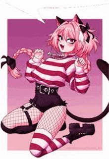 a girl in a striped sweater and fishnet stockings is kneeling down .