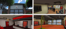 a collage of four pictures of a fire station with a red sign that says " station de pompiers fire "