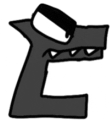 a black and white drawing of a letter l with a mouth open and glasses on a white background .