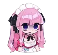 a cartoon girl with pink hair and blue eyes is wearing a maid outfit and a bow tie .