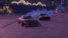 two cars are drifting in a video game with smoke coming out of them