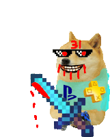 a dog wearing sunglasses and holding a sword with the letter p on it