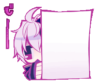 a purple and white anime character is holding a piece of paper in front of his face ..