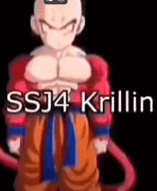 a close up of a cartoon character with the words ssj4 krilin written on it .