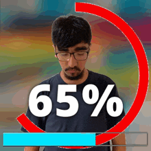 a man with glasses and a beard is standing in front of a loading bar that says 65 %