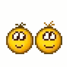 a pixel art of two smiley faces with different expressions on a white background .
