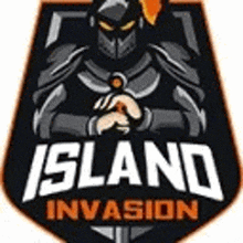 the logo for island invasion is a knight in armor holding a sword and shield .