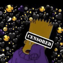 bart simpson is wearing a purple sweater with a censored sign on his head .